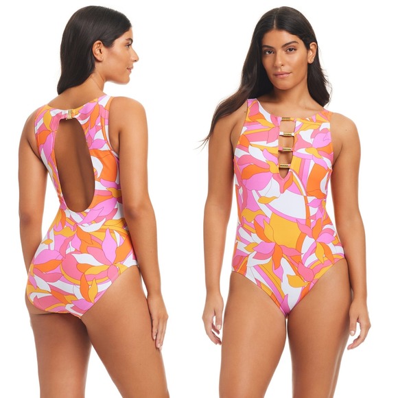 Beyond Control Swimwear Other - Retro Resort Pink Orange Mod Print Open Back One Piece Swimsuit